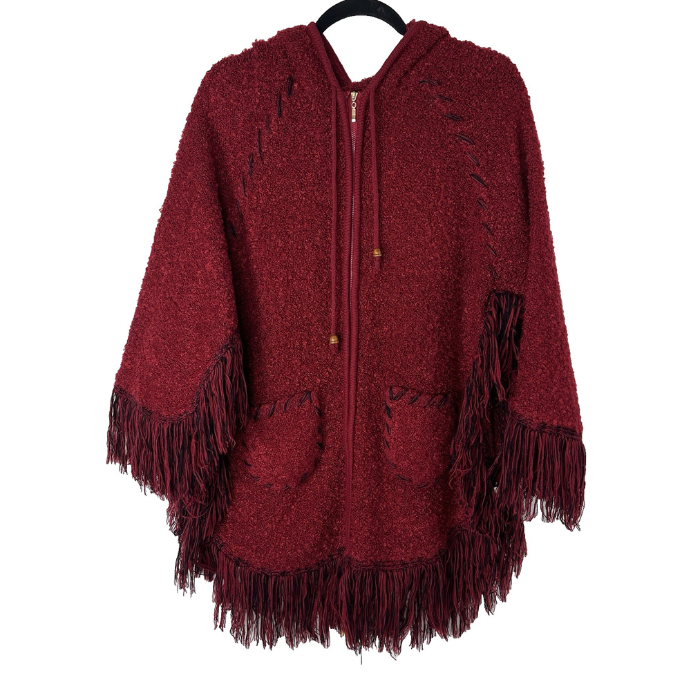 FM Red Knitted Poncho Size One Size Zip Front Hooded With Tassels, Boho, Gypsy